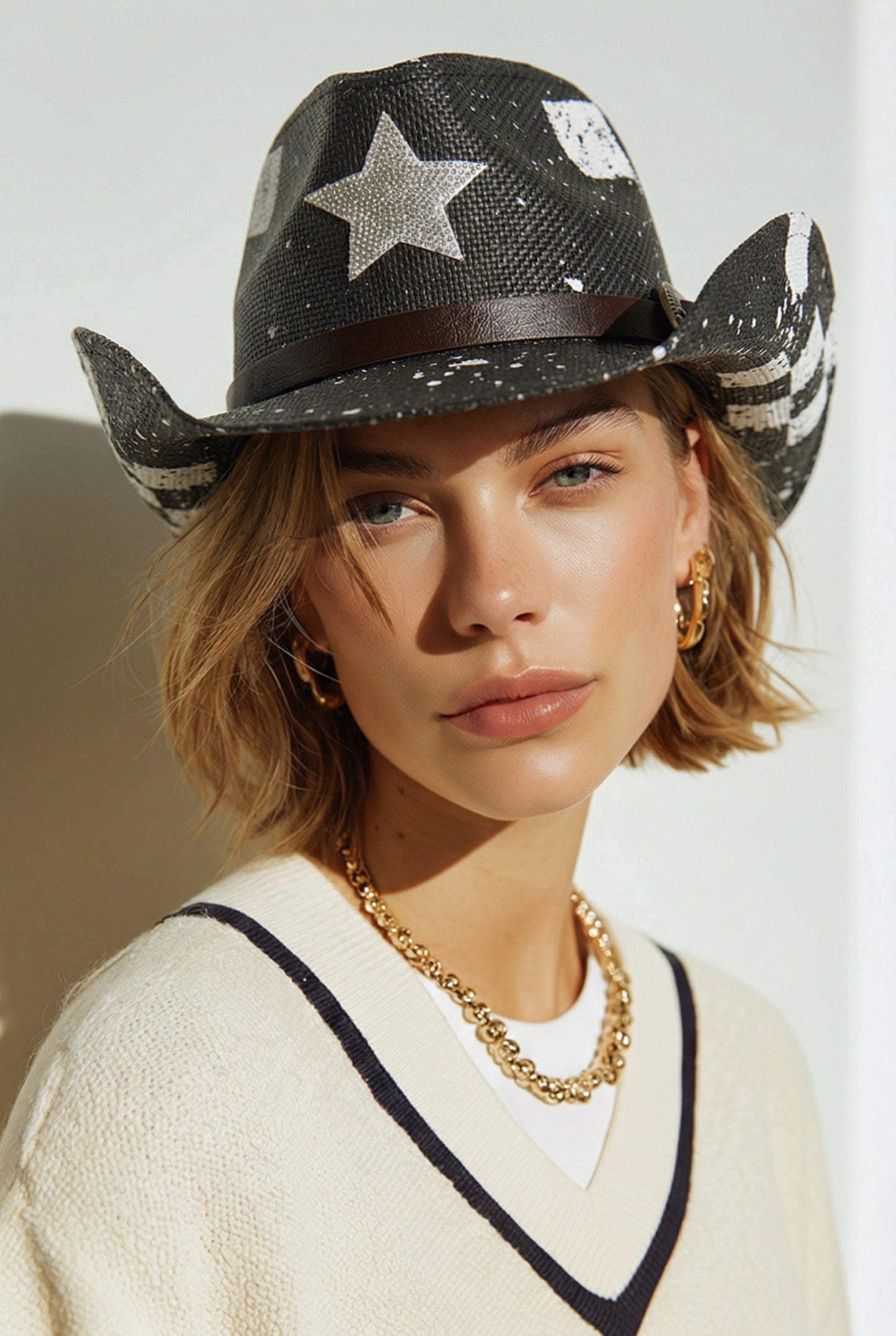 Black Flag Cowboy Hat with White Rhinestone Star — Premium Distressed Western Statement Hat for Men & Women