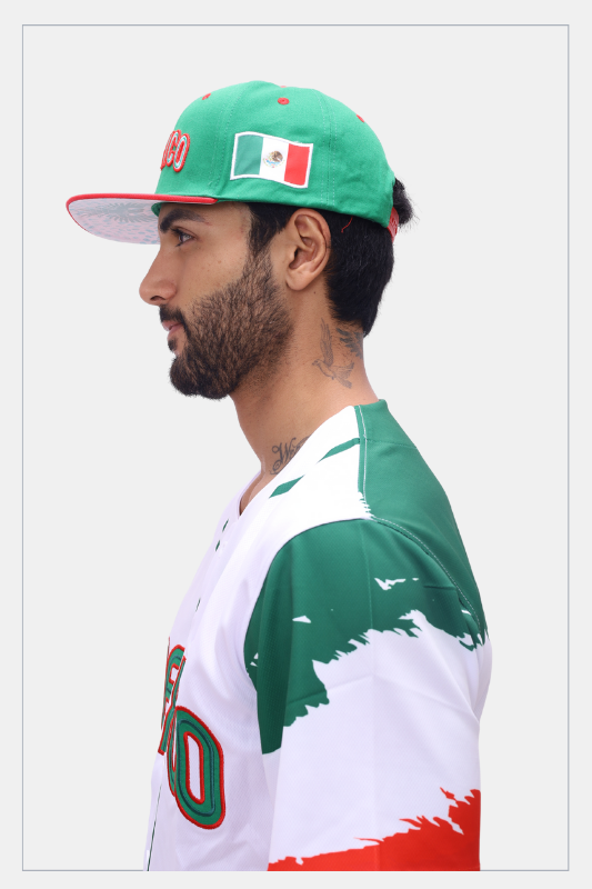 TAINOWEARS Mexico Baseball Cap – Green & Red Brim, Mexican Eagle Underbrim, Flag Embroidery