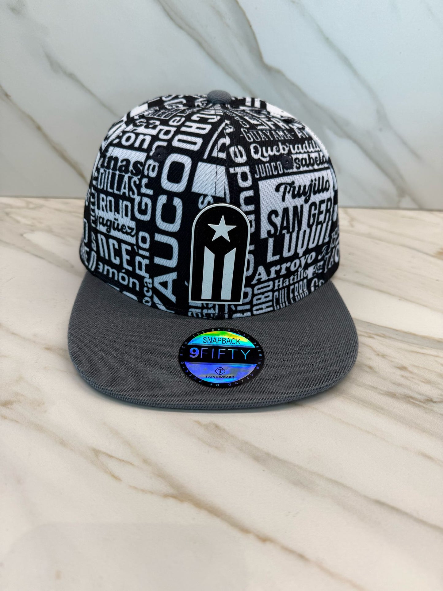 Puerto Rico Black Snapback Hat with 78 Towns & Silicone Patch