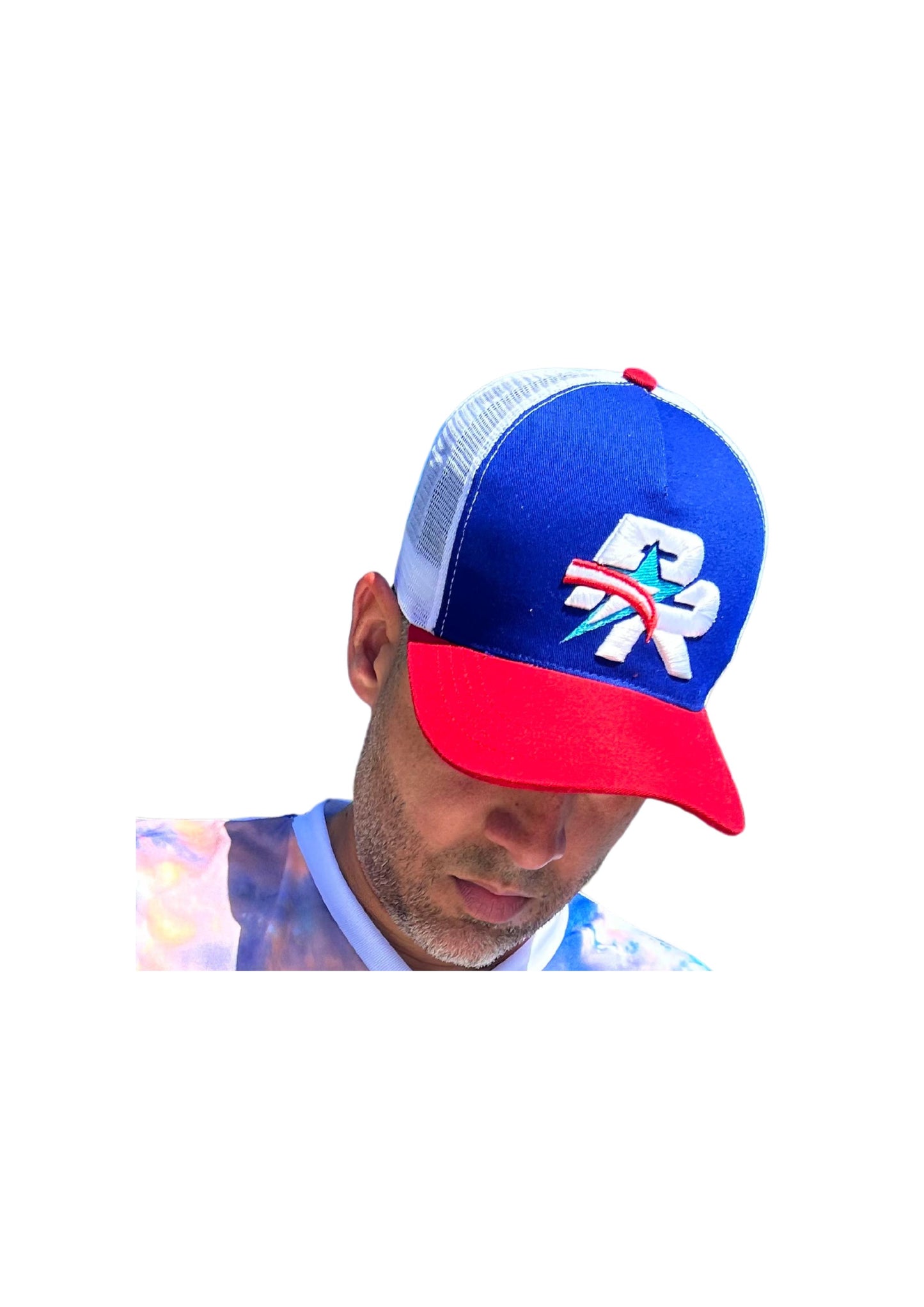 TAINOWEARS Puerto Rico Star Embroidered Trucker Hat curved brim white blue red Trucker hat