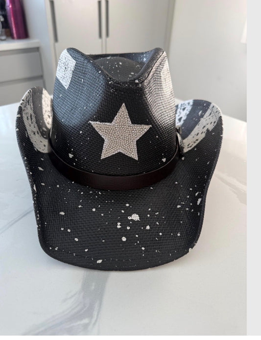 Black Flag Cowboy Hat with White Rhinestone Star — Premium Distressed Western Statement Hat for Men & Women