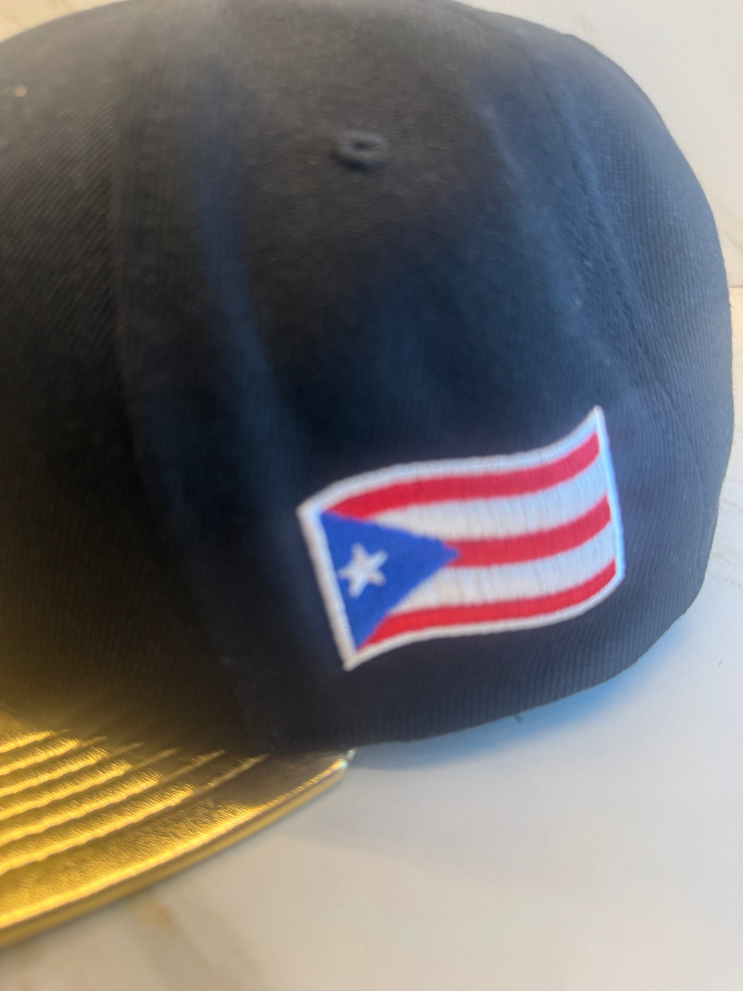 Puerto Rico PR Gold Snapback Hat – Metallic Logo Flat Brim Cap with Gold Visor & Flag Patch | Adjustable Premium Streetwear Cap