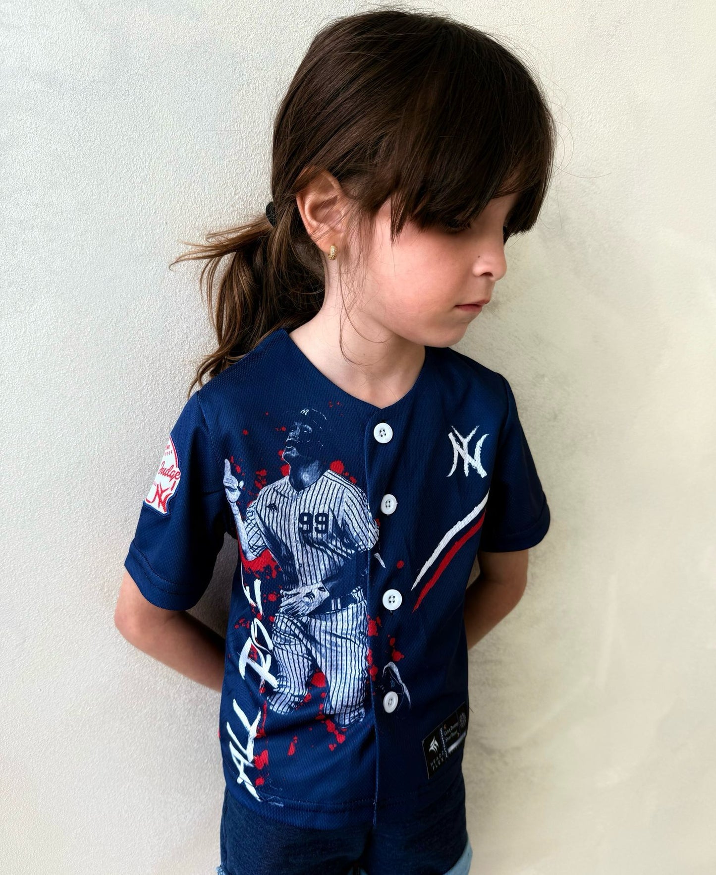 Judge All Rise Baseball Jersey for Kids – #99 Youth Fan Jersey with Embroidery, Action Design & NY Pride