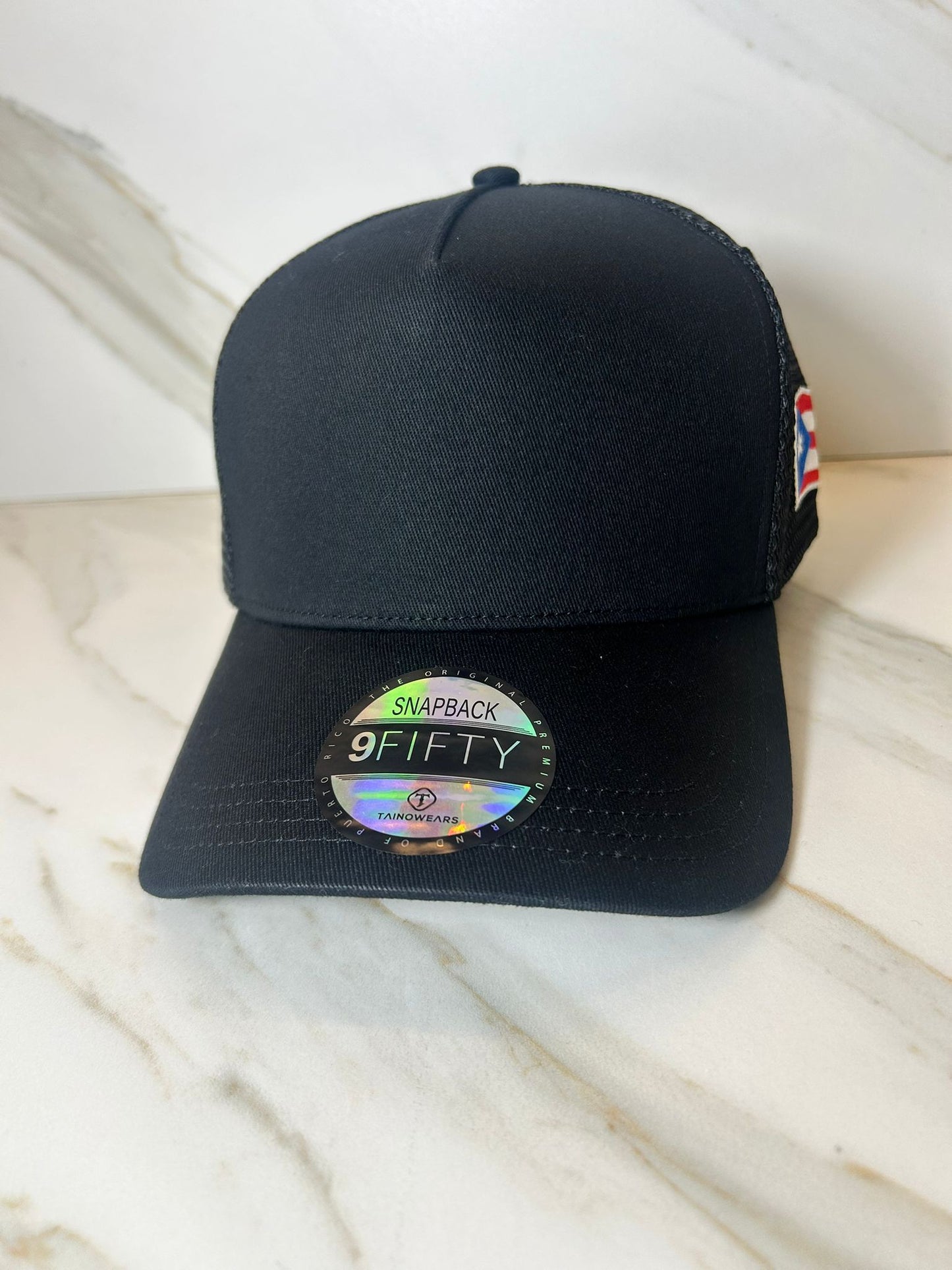 PR Embroidered Flag curve bill Snapback Cap with Puerto Rico Flag Black Black trucker hat Curved