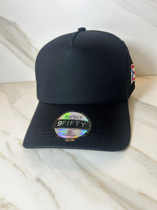 PR Embroidered Flag curve bill Snapback Cap with Puerto Rico Flag Black Black trucker hat Curved