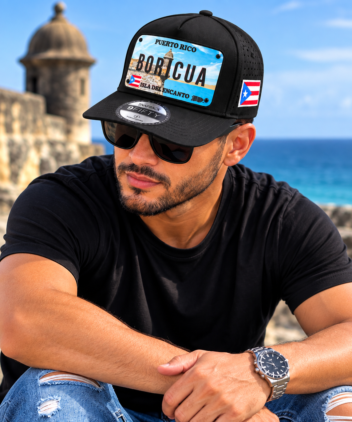 Boricua Plate Performance Cap – Puerto Rico Curved Brim Snapback