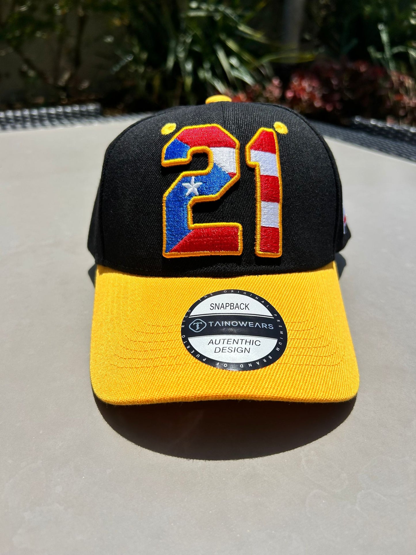 TAINOWEARS Puerto Rico Clemente 21 Black-Yellow Curved Trucker Hat – PR Embroidery, Adjustable, Puerto Rican Flag (Copy)