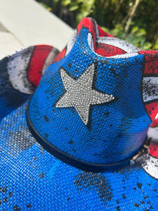 Patriotic Flag Cowboy Hat – Star  Rhinestone Straw Western Hat  for Festivals and Events