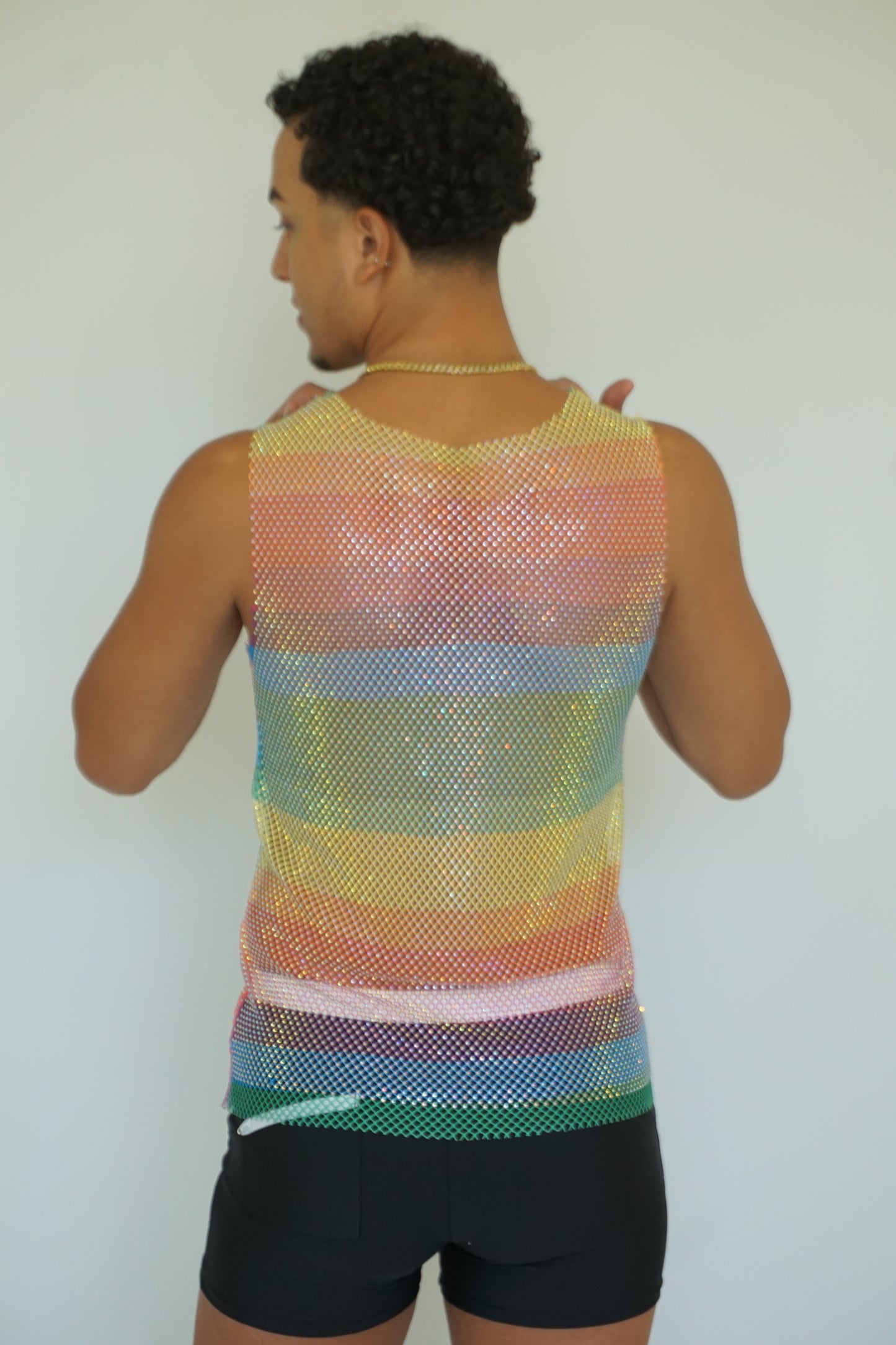 Rainbow Fishnet Long Tank Top – See-Through Mesh Camisole, Sleeveless Cover-Up for Women