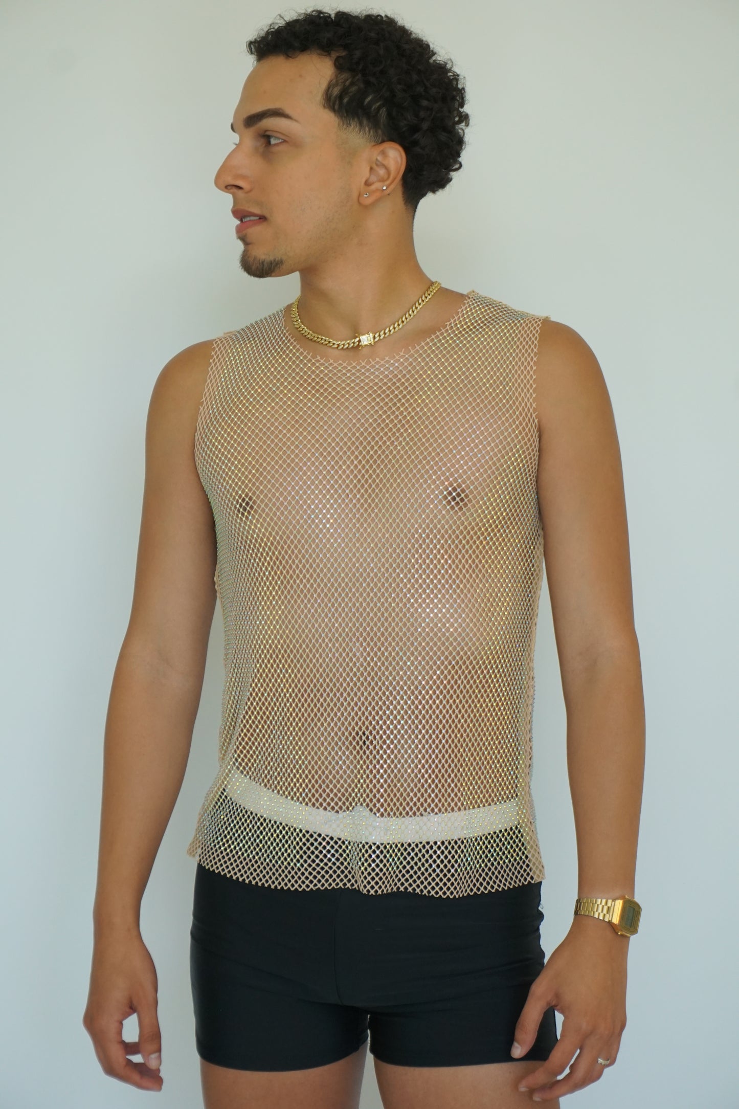White Fishnet Long Tank Top Sleeveless Crystal See Through Mesh Camisole Cover Up Tops unisex