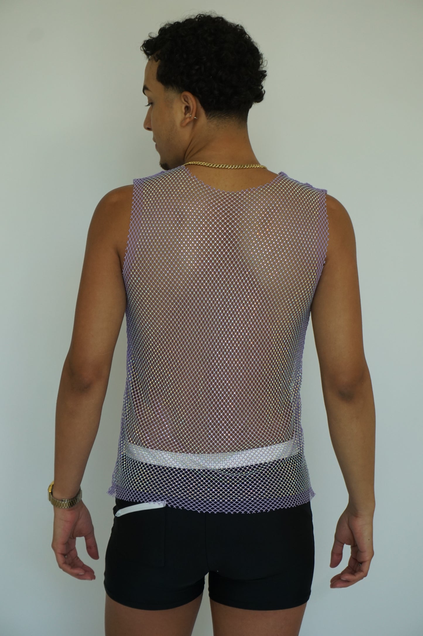 White Fishnet Long Tank Top Sleeveless Crystal See Through Mesh Camisole Cover Up Tops unisex