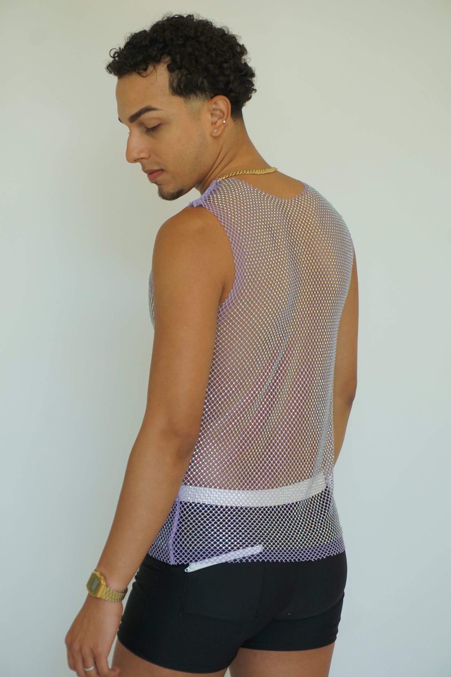 White Fishnet Long Tank Top Sleeveless Crystal See Through Mesh Camisole Cover Up Tops unisex