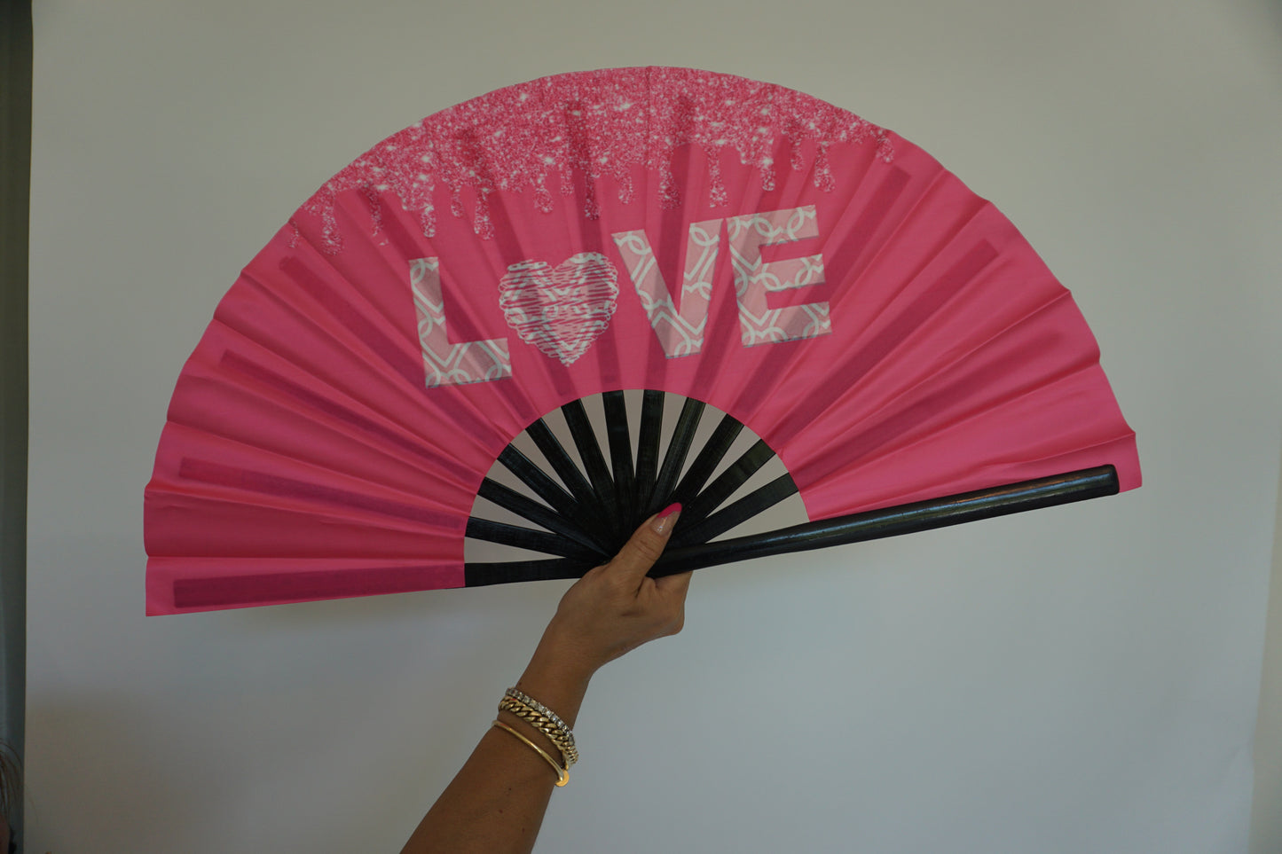 Love Pink Large Rave Fan – Bamboo Folding Hand Fan with Loud Clack | Festival, Drag, EDM, Party Handheld Fan