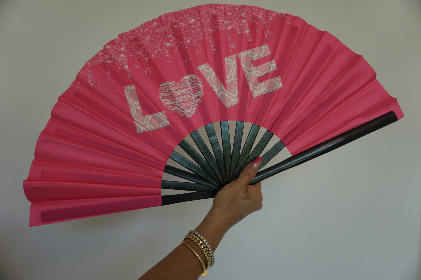 Love Pink Large Rave Fan – Bamboo Folding Hand Fan with Loud Clack | Festival, Drag, EDM, Party Handheld Fan