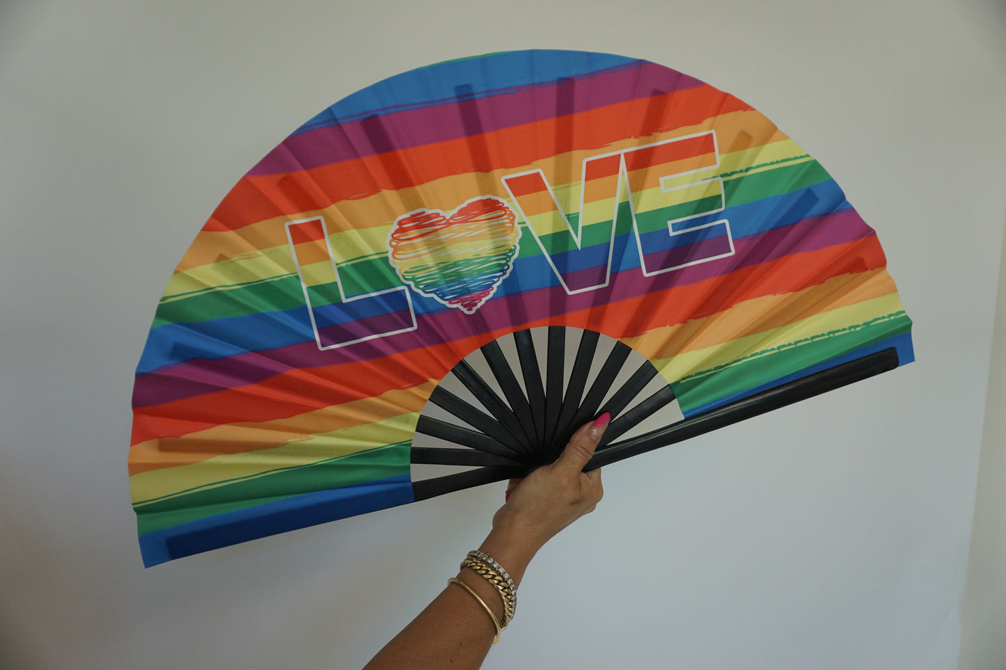 LOVE Rainbow Large Rave Fan – Bamboo Folding Hand Fan with Loud Clack | Festival, Drag, EDM, Party Handheld Fan