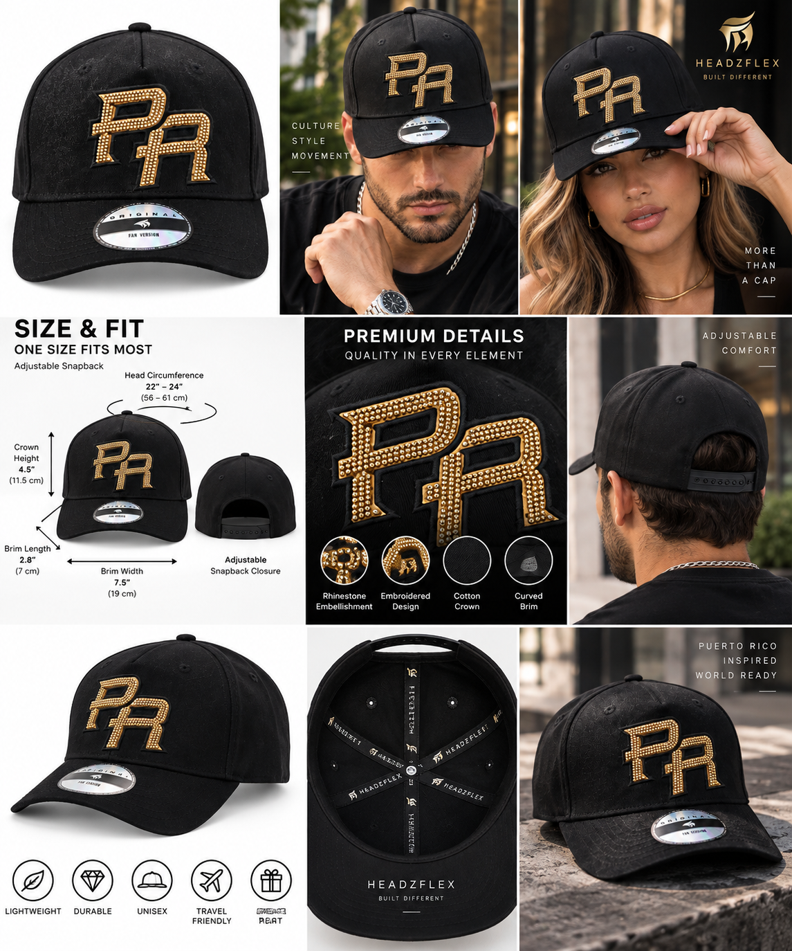 Boricua Noir Velvet Snapback – Rhinestone PR Black Black Embroidered Curved Brim Cap