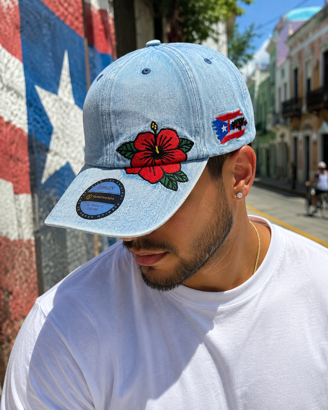 Puerto Rico Denim Flor Maga Hat - Embroidered Curved Brim Snapback Cap