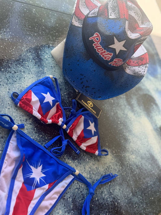 Tainowears Puerto Rico Bikini for Women – 2 Piece Swimsuit Set with Flag Print, 100% Lycra, Removable Pads, Adjustable Strings – Summer Beachwear