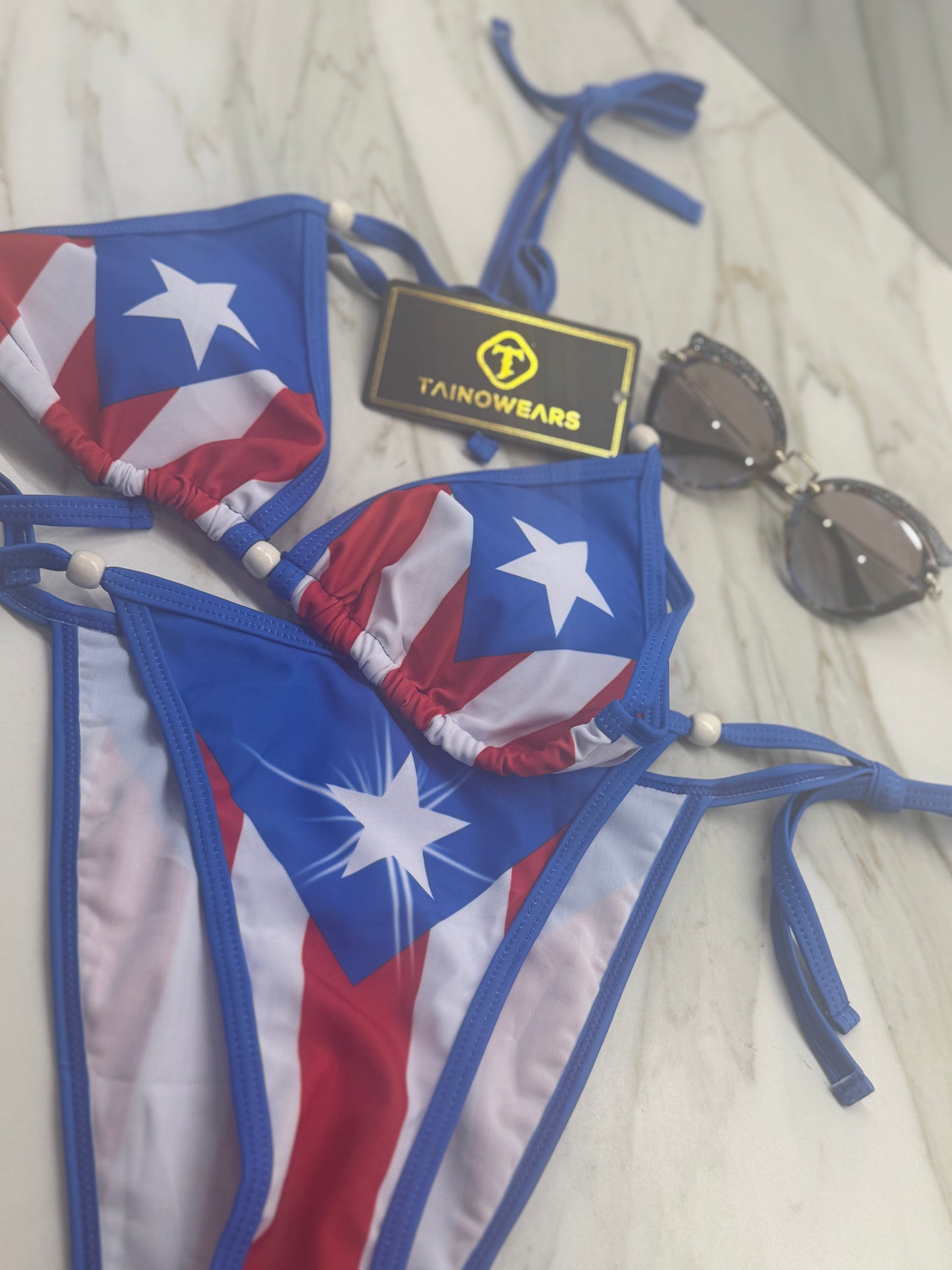 Tainowears Puerto Rico Bikini for Women – 2 Piece Swimsuit Set with Flag Print, 100% Lycra, Removable Pads, Adjustable Strings – Summer Beachwear