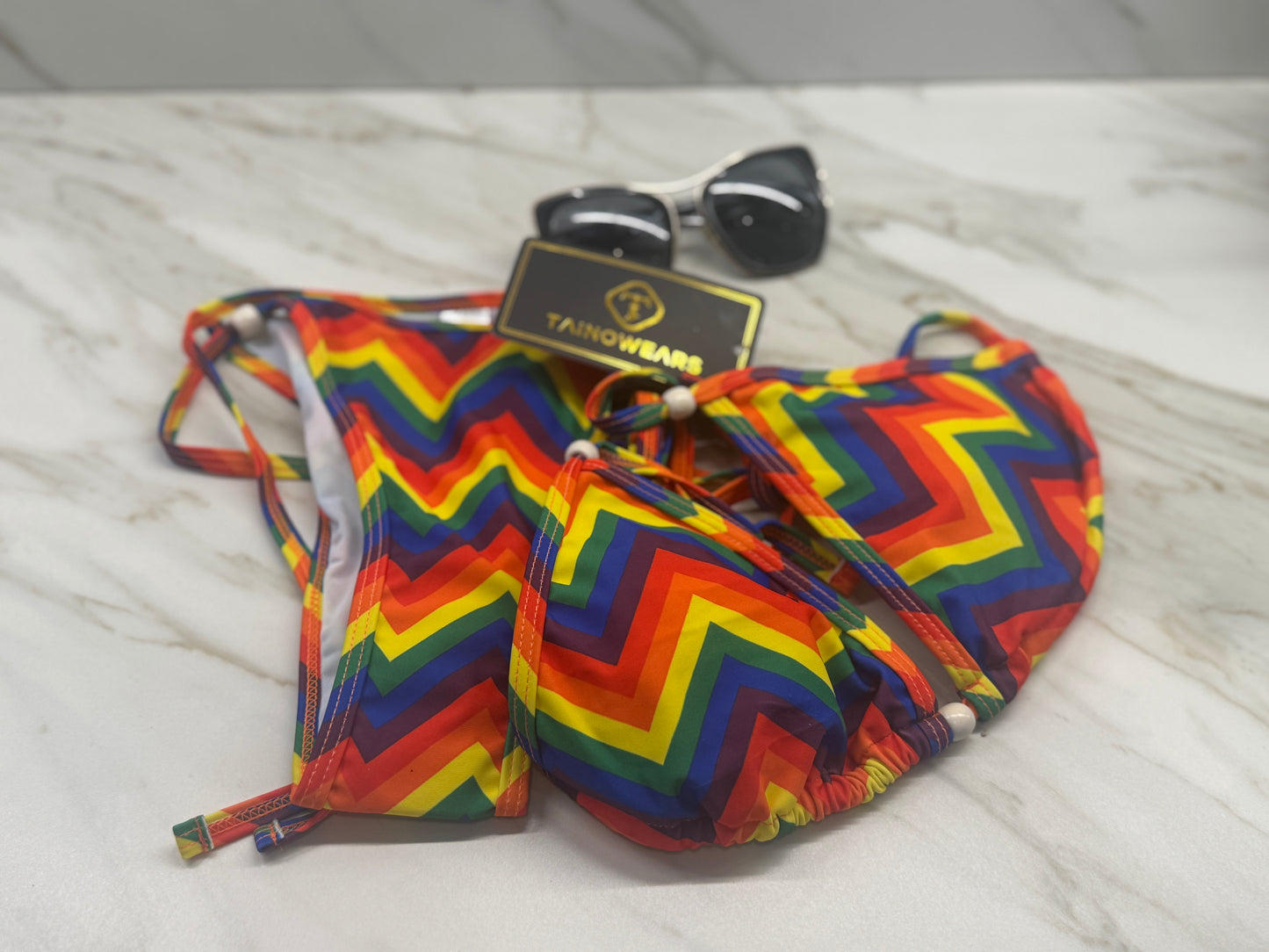 Tainowears Pride Rainbow Bikini for Women – 2 Piece Swimsuit Set, Bright Color Print, 100% Lycra, Removable Pads – LGBTQ Summer Festival Swimwear