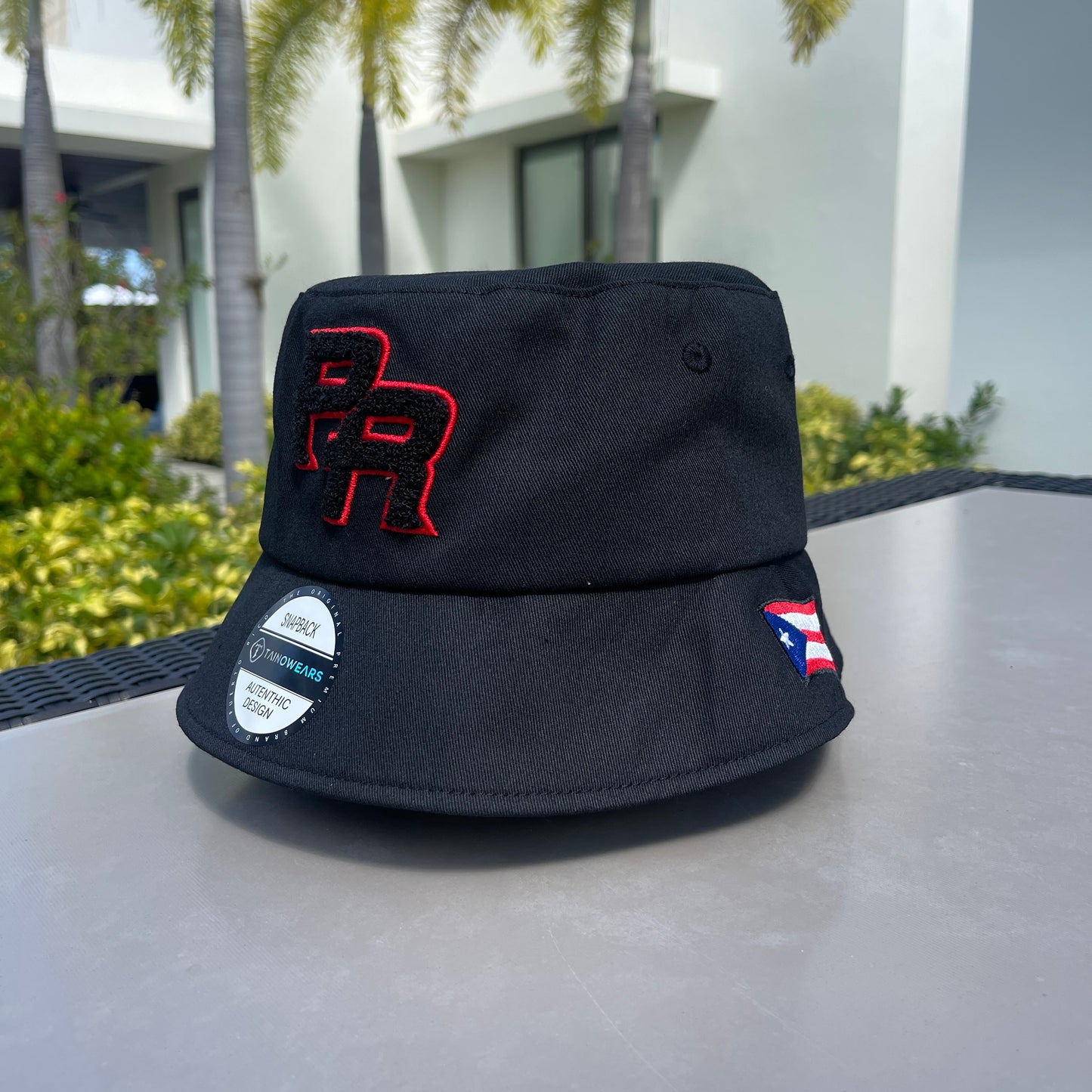 Puerto Rico Bucket Hat Cotton PR Embroidered Chenille Black PR Premium Cotton