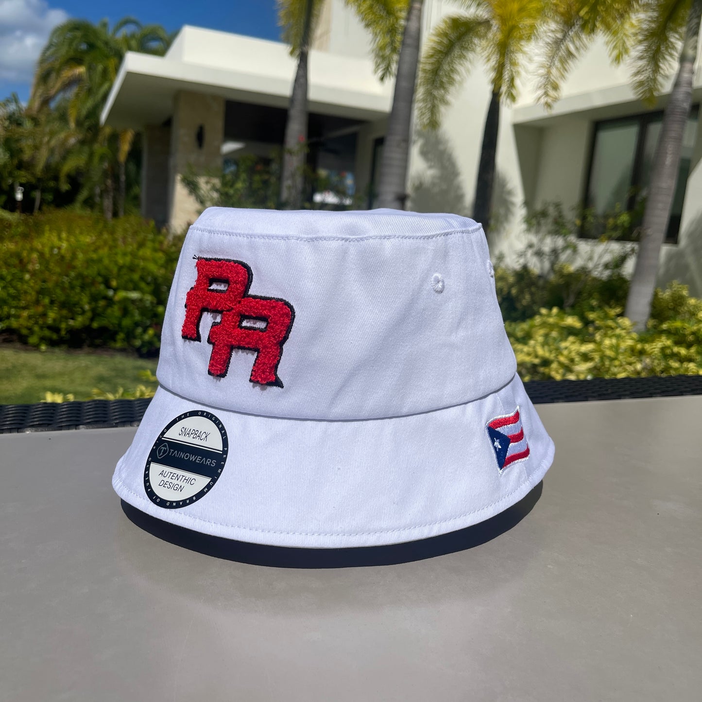 Puerto Rico Bucket Hat Chenille White PR Chenille Embroidered Premmium Cotton