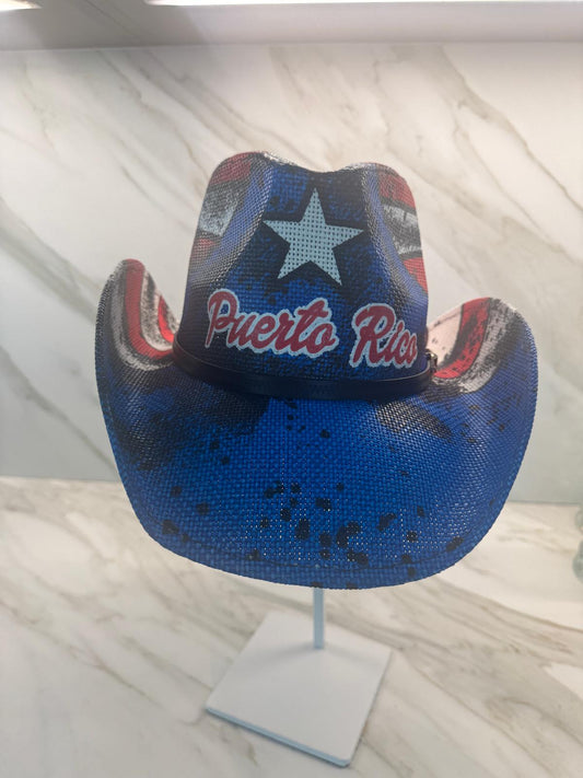 Puerto Rico Cowboy Hat – Hand Made Printing -Western Straw Hat with Flag Design Unisex