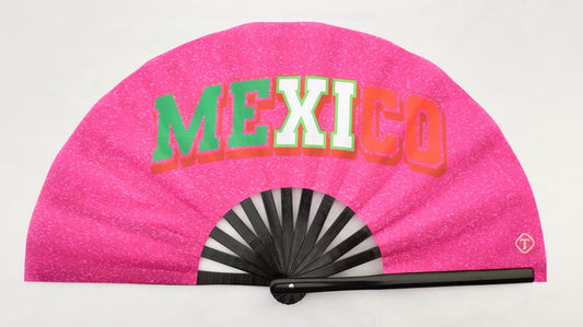 Rave Hand Fans – Large Bamboo Folding Fan with Loud Clack for Festivals, Pride, Summer & Drag Shows | Solid, Glitter, and Statement Designs MEXICO PINK