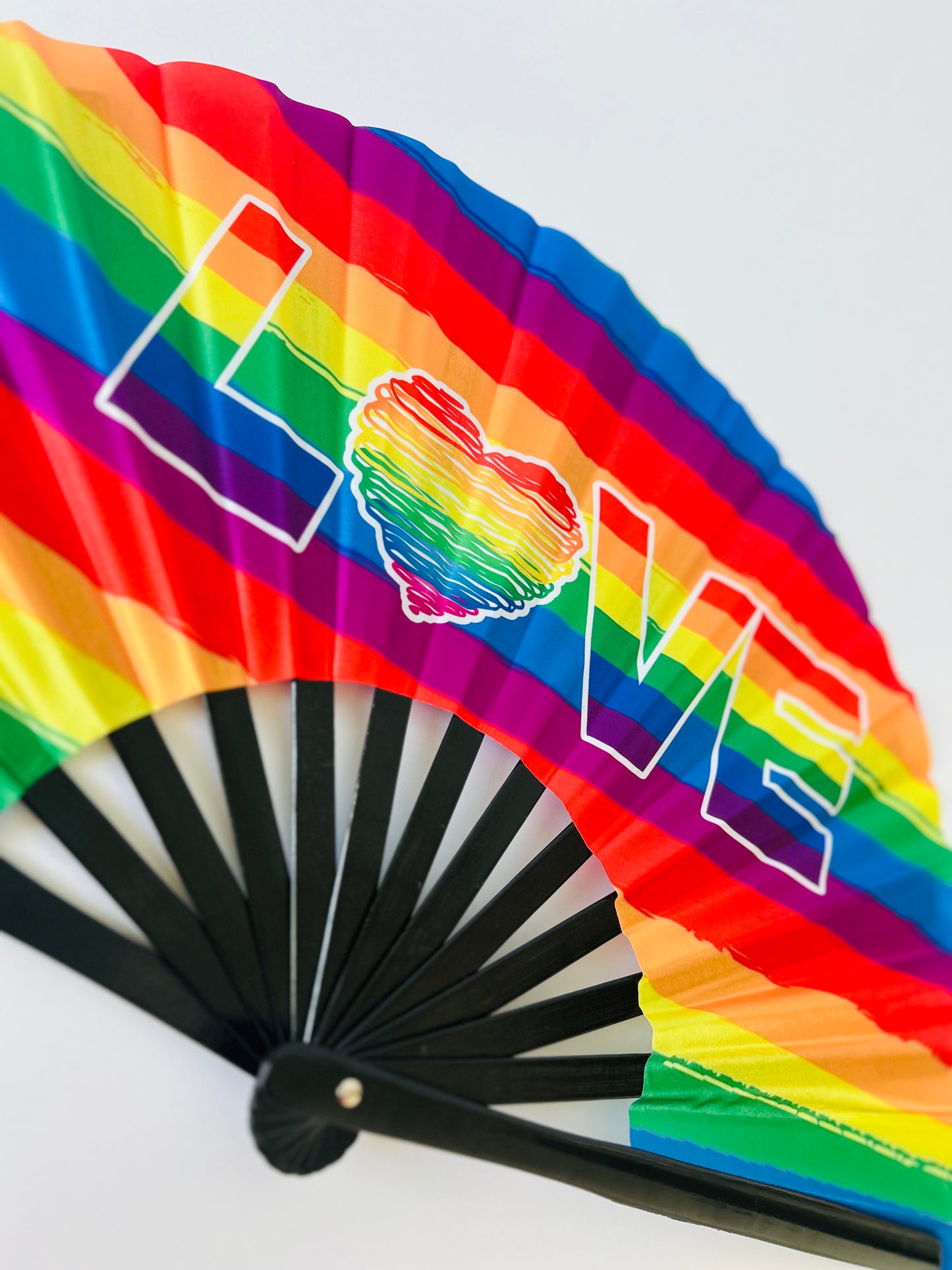 LOVE Rainbow Large Rave Fan – Bamboo Folding Hand Fan with Loud Clack | Festival, Drag, EDM, Party Handheld Fan