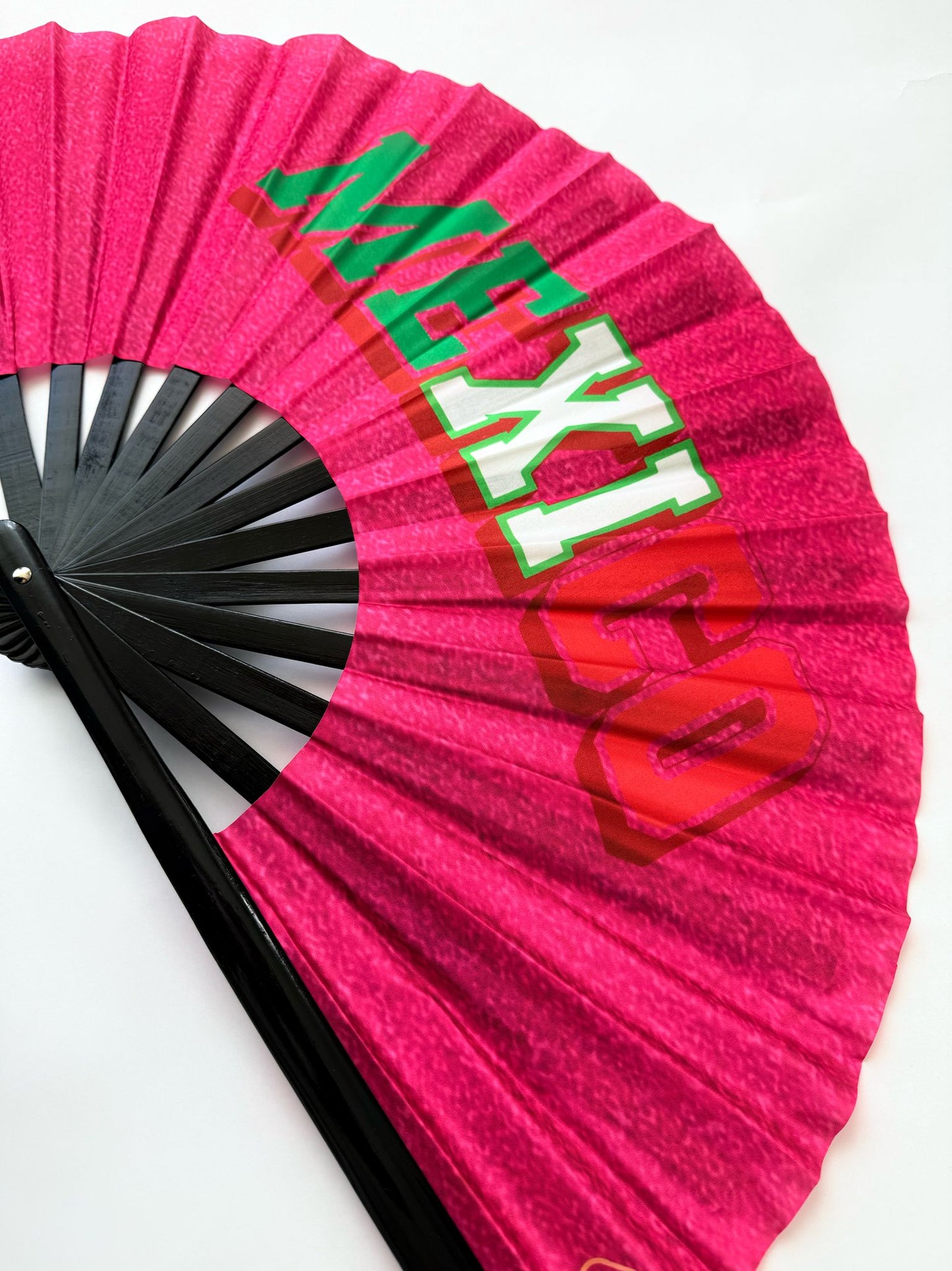 Rave Hand Fans – Large Bamboo Folding Fan with Loud Clack for Festivals, Pride, Summer & Drag Shows | Solid, Glitter, and Statement Designs MEXICO PINK