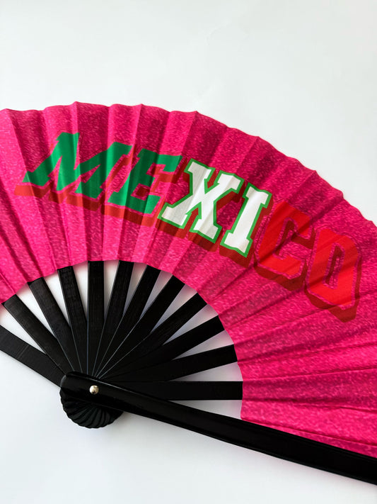 Rave Hand Fans – Large Bamboo Folding Fan with Loud Clack for Festivals, Pride, Summer & Drag Shows | Solid, Glitter, and Statement Designs MEXICO PINK