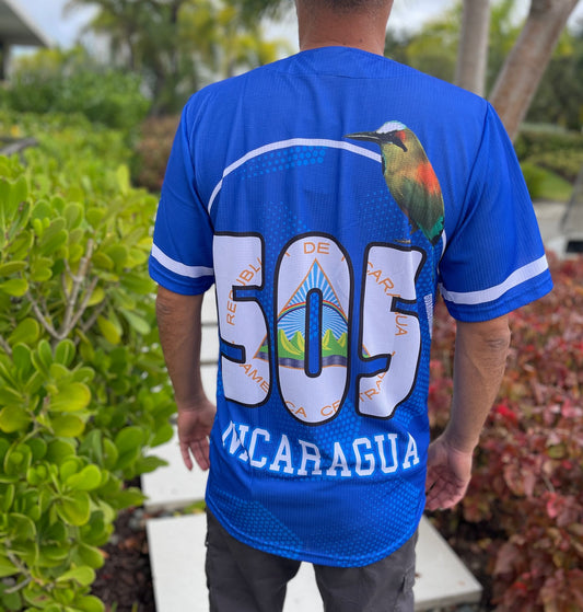 Nicaragua Baseball Jersey – Blue Sublimation with Coat of Arms & "505" Back Design