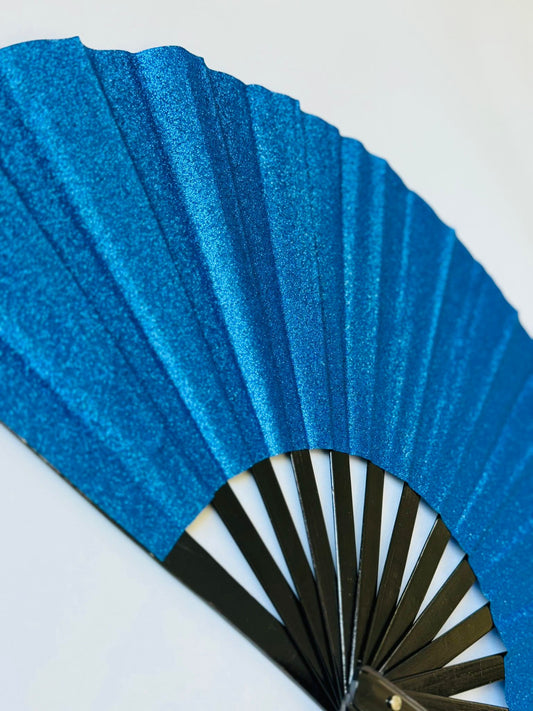 Glitter Folding Hand Fan – Strong Bamboo Frame Sparkly Fan BLUE