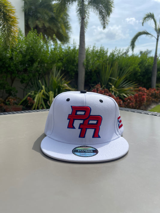 Puerto Rico White Snapback Cap with PR Embroidery & Flag | Adjustable Flatbill Hat