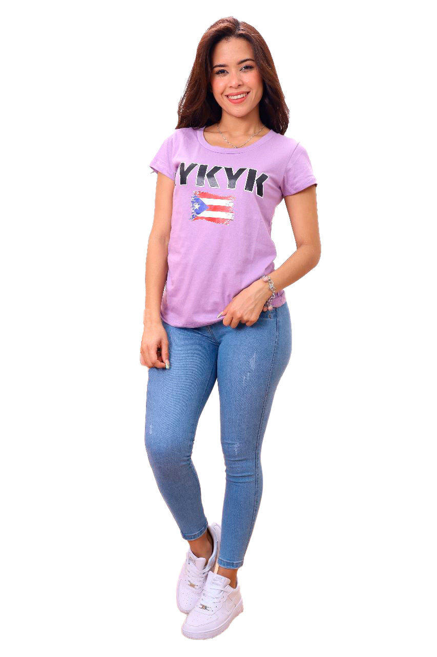 Women's Purple YKYK T-Shirt – Crew Neck with Puerto Rico Flag in 100% Peruvian Cotton