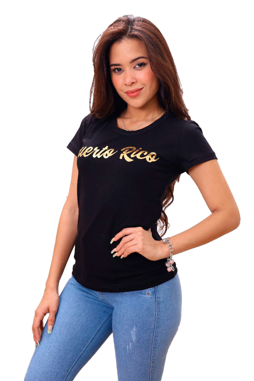 Women's Puerto Rico Black  T-Shirt – Gold vinyl  Design in Premium Peruvian Cotton