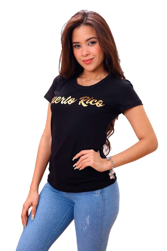 Women's Puerto Rico Black  T-Shirt – Gold vinyl  Design in Premium Peruvian Cotton