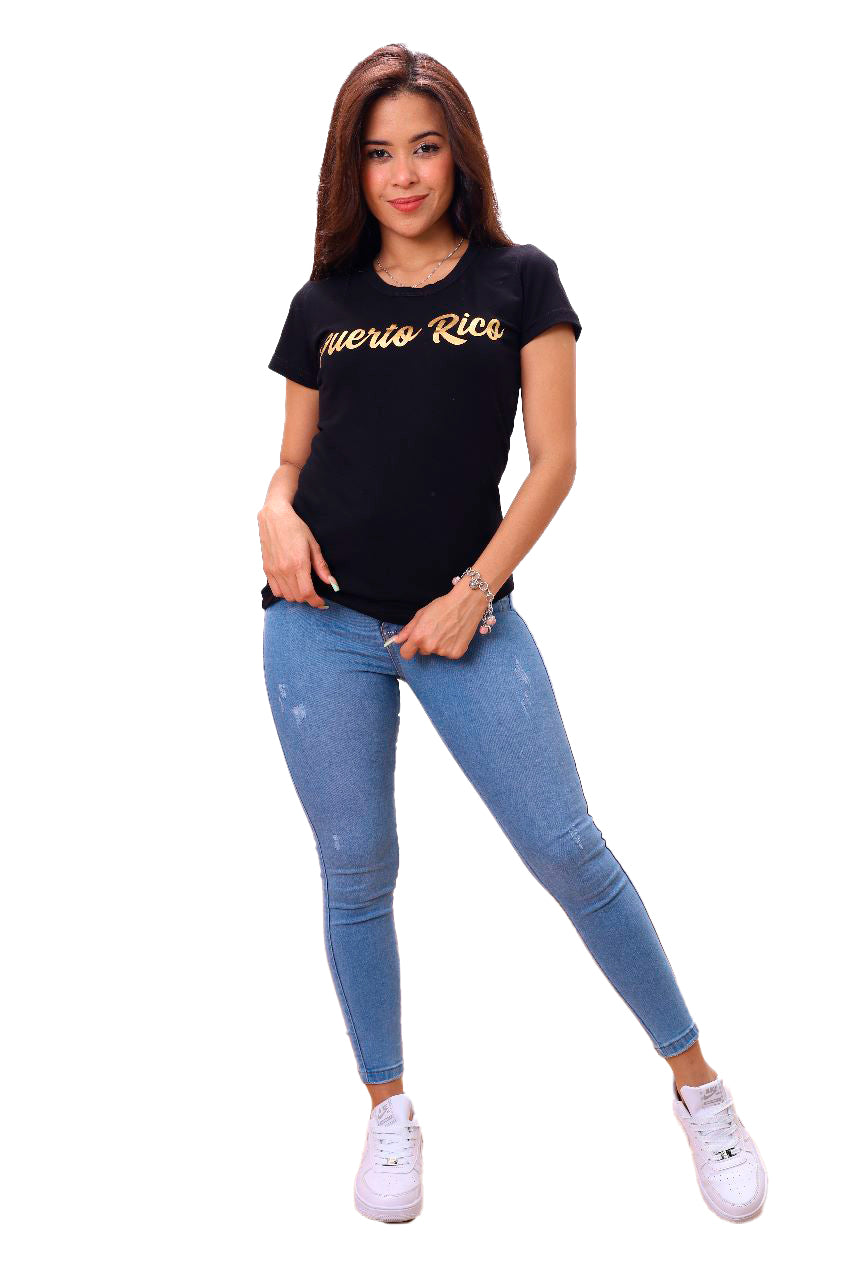 Women's Puerto Rico Black  T-Shirt – Gold vinyl  Design in Premium Peruvian Cotton