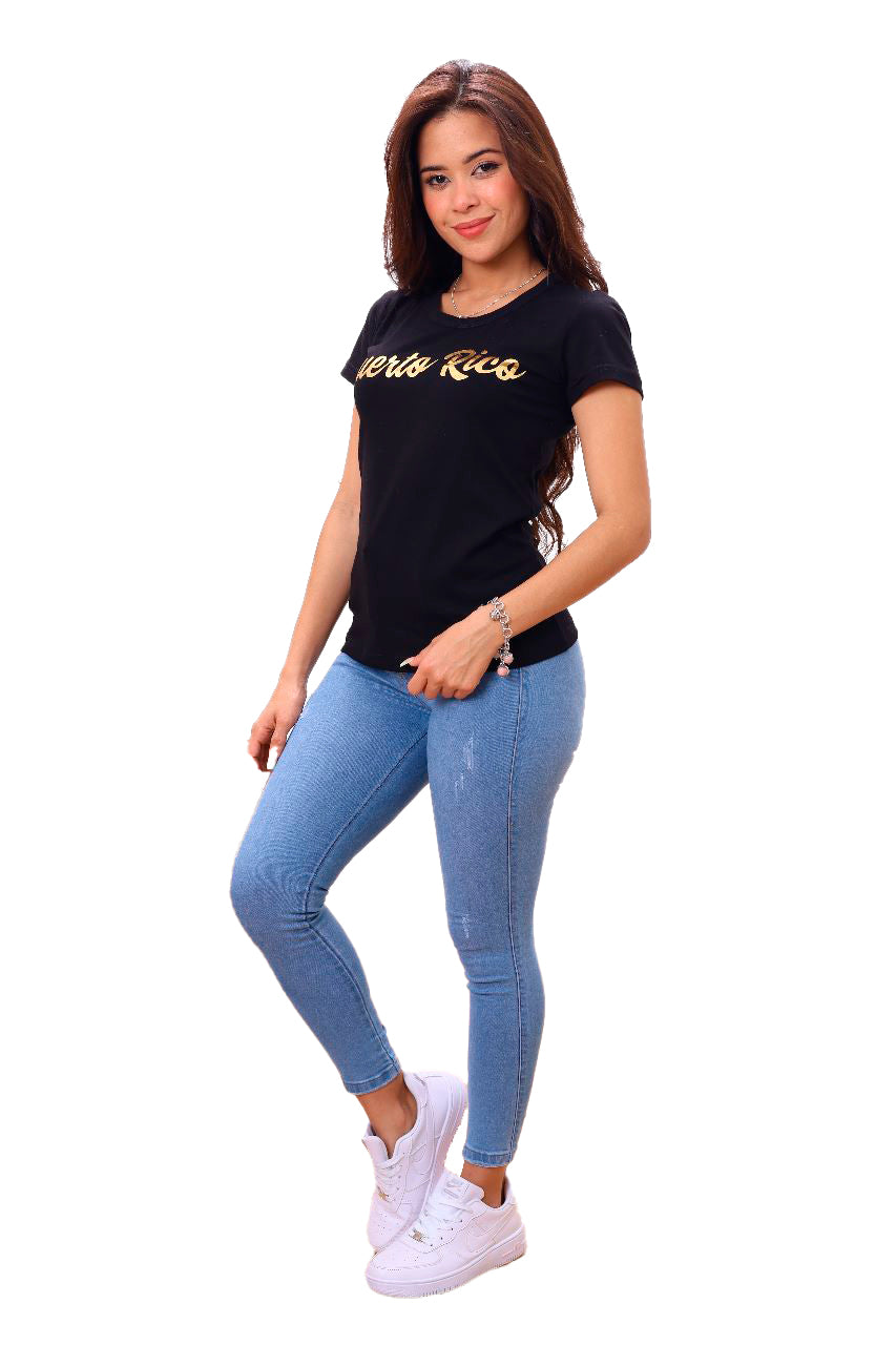 Women's Puerto Rico Black  T-Shirt – Gold vinyl  Design in Premium Peruvian Cotton