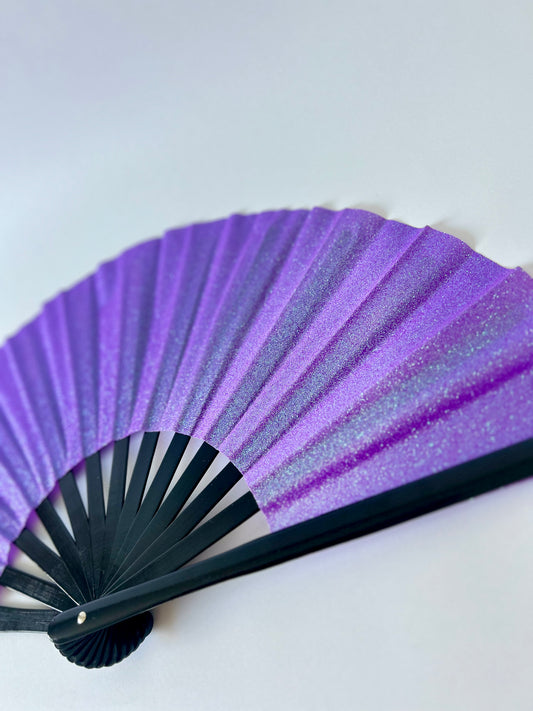 Glitter Folding Hand Fan – Strong Bamboo Frame with Loud Clack | Sparkly Festival Fan in PURPLE