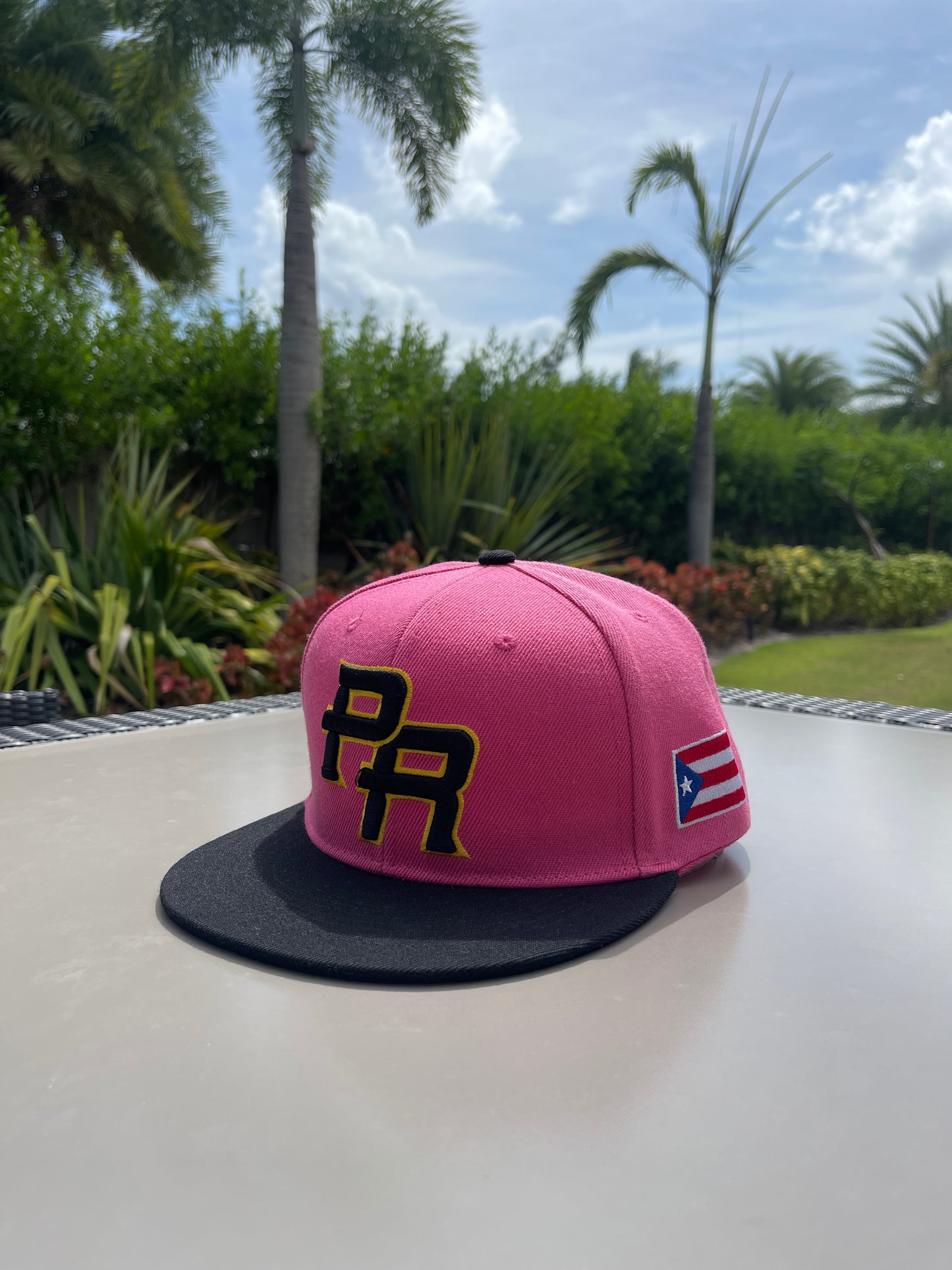 PR 3D Embroidered Flatbill Snapback Cap with Puerto Rico Flag Rose-Black 58