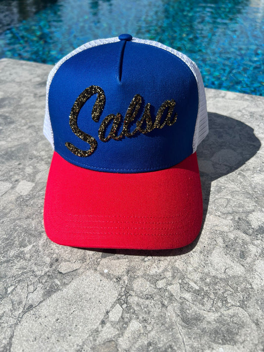 Salsa Trucker Cap - Gold Rhinestone Design, Adjustable Snapback, Exclusive TainoWears Music Hat