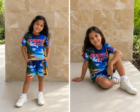 Blue kids swim set with El Morro Puerto Rico design and stretch fabric