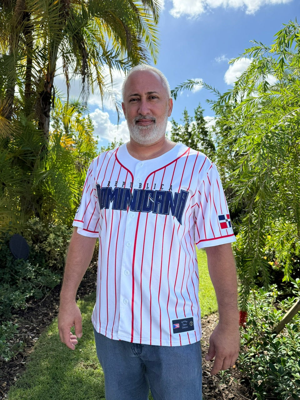 Tainowears Dominican Republic Coat of Arms Baseball Jersey - Premium White Stripes Jersey with Red Stripes