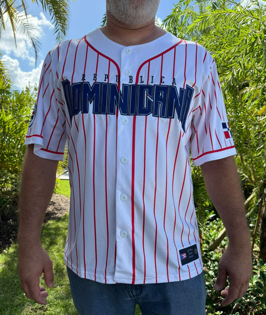 Tainowears Dominican Republic Coat of Arms Baseball Jersey - Premium White Stripes Jersey with Red Stripes