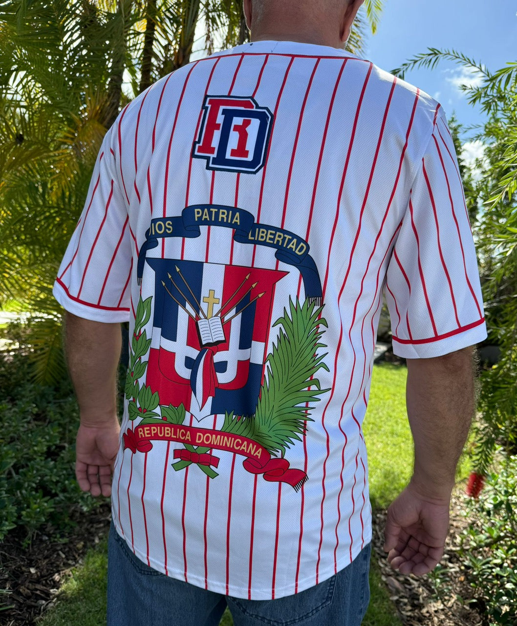 Tainowears Dominican Republic Coat of Arms Baseball Jersey - Premium White Stripes Jersey with Red Stripes
