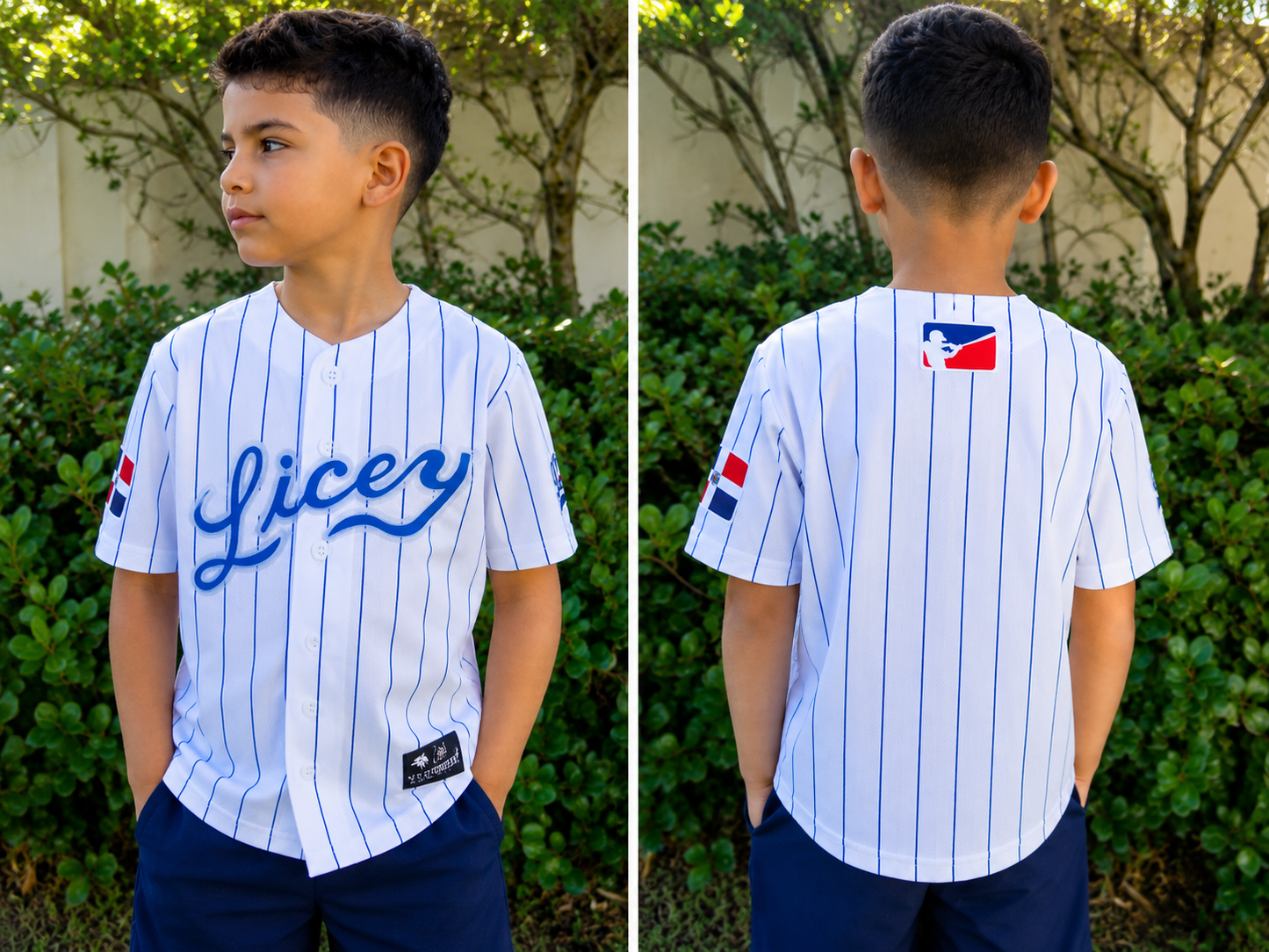 White Blue Dominican Kids Baseball Jersey – Pinstripe Youth Button-Up Shirt
