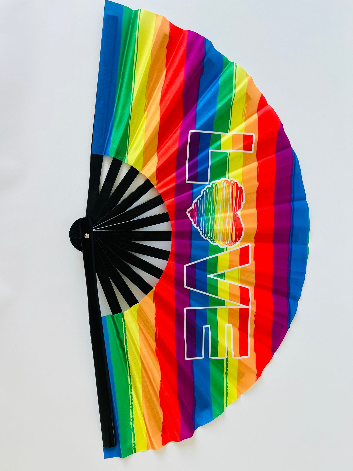 LOVE Rainbow Large Rave Fan – Bamboo Folding Hand Fan with Loud Clack | Festival, Drag, EDM, Party Handheld Fan