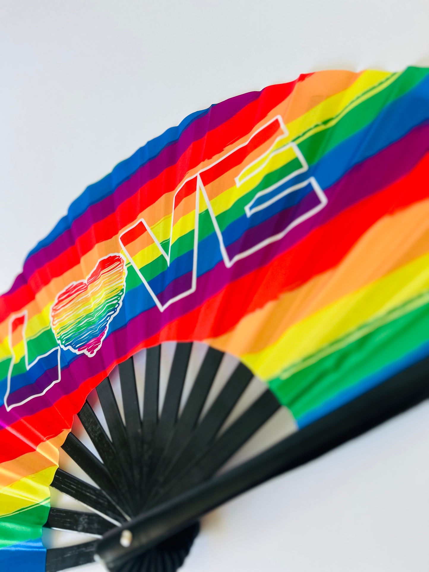 LOVE Rainbow Large Rave Fan – Bamboo Folding Hand Fan with Loud Clack | Festival, Drag, EDM, Party Handheld Fan