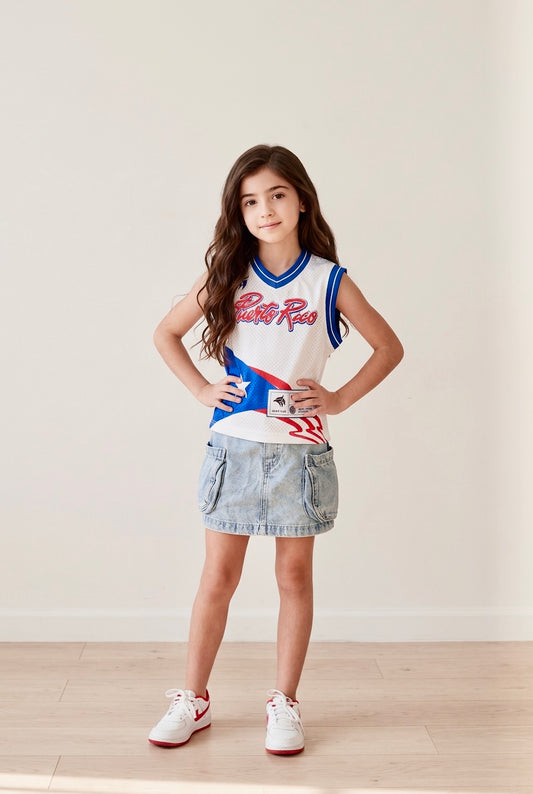 Kids Mesh Basketball Jersey – Bright Puerto Rico Flag Sleeveless Shirt